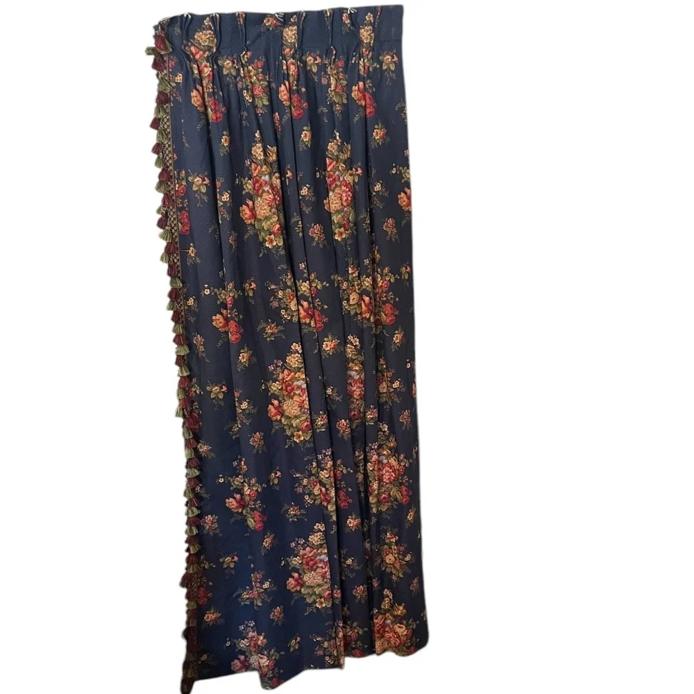 Vintage Custom‎ Designer Pleated Floral Blue 3 panels Curtains Drapery